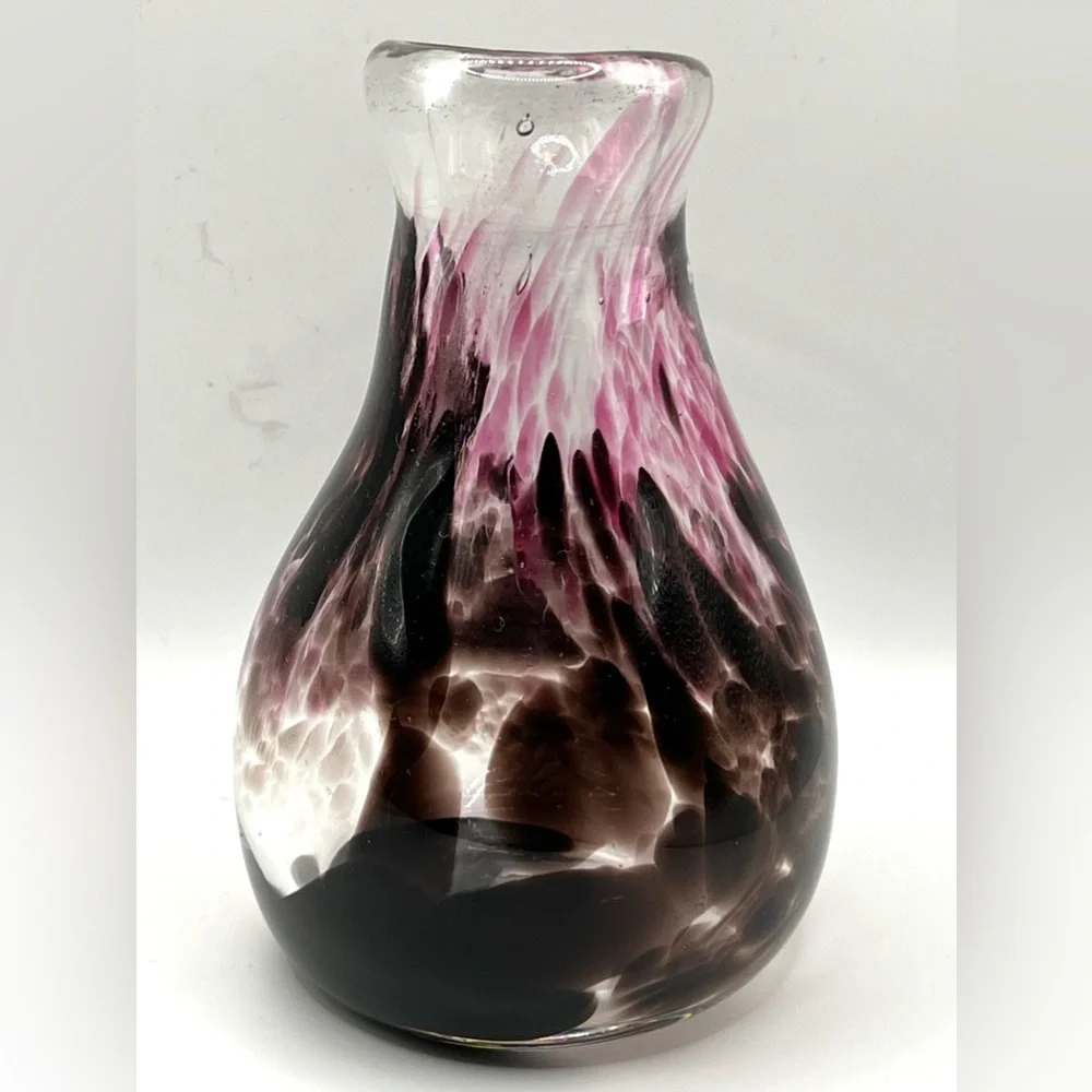 Handblown Art Glass Flowers Bud Vase Brown Pink Abstract Pattern 6 in